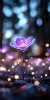 Magical glowing purple flower with sparkles against dark blurred background, illuminated by soft bokeh lights creating ethereal forest atmosphere.