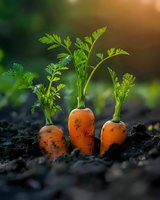 Fresh organic carrots growing in fertile soil with green tops, captured in natural sunlight with bokeh background. Garden harvest concept.