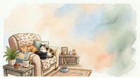 Cozy cat lounging on patterned armchair with side table, bookshelf, and potted plant in watercolor style interior scene for home decor and lifestyle designs.