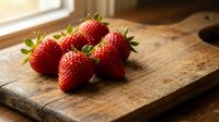 Fresh ripe strawberries on rustic wooden cutting board in warm natural sunlight for healthy eating and cooking recipes.