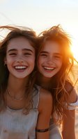 Two young Caucasian women with genuine smiles and windswept hair at sunset, wearing casual summer attire. Golden sunlight creates warm atmospheric glow and backlit effect.