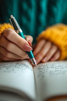 Female hand with manicured nails holding turquoise pen while writing in open notebook, wearing yellow sweater against blurred teal background. Perfect for education content.
