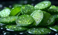 Fresh sliced cucumber with water drops on dark background, macro photography showing crisp details and natural moisture for food and healthy lifestyle concepts.