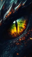 Fierce dragon eye with glowing amber iris and vertical pupil against dark scaled skin with burning embers and sparks, creating mysterious fantasy atmosphere.