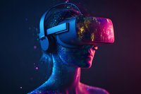 Person wearing virtual reality headset with cosmic galaxy effect in neon blue and pink lighting, creating futuristic immersive technology atmosphere.