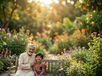 Caucasian grandfather and young grandson sitting together on wooden bench in lush garden surrounded by blooming flowers and green foliage during golden hour sunlight.