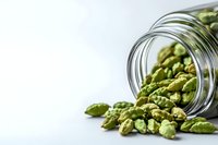 Fresh green cardamom pods spilling from glass jar on white background, aromatic spice ingredient for cooking and flavoring beverages, isolated with copy space.