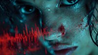Young woman with dramatic blue and red lighting effects creating cyberpunk atmosphere with digital glitch elements and futuristic makeup for sci-fi concepts.