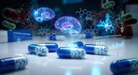 Medical capsules with holographic brain and molecular structures representing pharmaceutical research and neuroscience drug development technology.