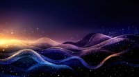 Abstract cosmic waves with glowing particles flowing through dark space in purple, blue and golden colors against starry background. Suitable for technology designs.