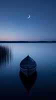 Wooden boat floating on calm lake at twilight with crescent moon in blue sky. Peaceful evening scene with reeds and forest silhouette for meditation concepts.