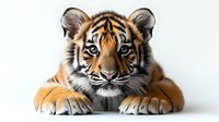 Young Bengal tiger cub lying down with paws forward on white background, close-up portrait showing bright blue eyes and distinctive striped markings. Isolated wildlife.