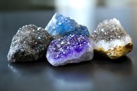 Collection of raw gemstone crystals including amethyst, blue and clear quartz specimens displayed on dark surface for mineral collecting and healing practices.