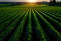 Agricultural rows of green crops stretching toward sunset horizon, selective focus creates dramatic depth. Vibrant farmland shows modern farming patterns.