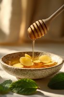 Golden honey dripping from wooden dipper into ceramic bowl with ginger slices and fresh mint leaves, captured in warm natural sunlight with soft shadows.