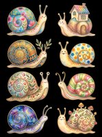 Whimsical snails with ornate, colorful patterned shells isolated on transparent background. Ready for t-shirt designs, stickers, clipart, sublimation, print-on-demand products and digital crafts.