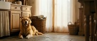 Golden retriever dog lying on kitchen floor near wicker basket and wooden cabinets in cozy rustic home interior with warm natural light.