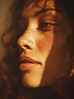 Close-up profile of young woman with freckles in warm golden sunlight, shadows creating dramatic contrast on skin for beauty and fashion campaigns.