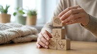 Woman stacking wooden blocks with wellness icons including brain, meditation figure, and heart symbols on table in cozy home interior.