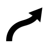 Black curved arrow pointing upward and right on white background, isolated graphic element for business presentations and infographic designs.