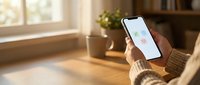 Person using smartphone with colorful app interface in cozy home setting with warm natural lighting and wooden furniture for lifestyle content.