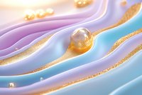 Abstract luxury waves in pastel purple and blue with golden glitter lines and transparent glass sphere, modern fluid art background for cosmetic design.