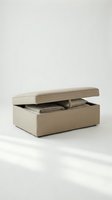 Beige fabric storage ottoman with open lid revealing folded linens inside, modern minimalist furniture piece for home organization and seating.