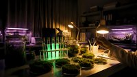 Scientific laboratory with glowing test tubes and plant specimens under specialized lighting equipment for botanical research and experimentation.