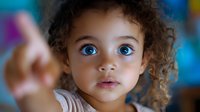 Young mixed race girl with striking blue eyes and curly hair looking up with wonder and curiosity against blurred colorful background, expressing childhood innocence and joy.