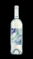 Glass wine bottle with watercolor label featuring blue and green abstract design, isolated on transparent background. Ready for wine label design, packaging mockups, print-on-demand products, and beverage branding projects.