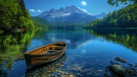 Wooden boat on crystal clear mountain lake with snow-capped peaks and green forest reflections in calm water. Serene wilderness landscape at sunrise.