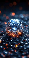 Brilliant cut diamond with facets reflecting blue light against dark background with orange and white bokeh highlights for luxury jewelry advertising.