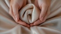 Female hands gently holding soft, folded beige fabric, creating elegant curves and texture against neutral background. Perfect for wellness, fashion, or textile concepts.