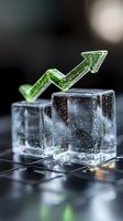 Green glowing arrow trending upward on transparent ice cubes against dark background, representing growth, success and financial progress in business concept.