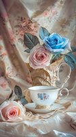Romantic still life with vintage teacup and fresh roses in pink and blue tones against floral fabric backdrop, soft dreamy atmosphere for wedding and home decor.