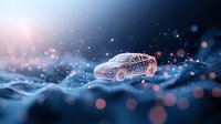 Futuristic wireframe car model floating in abstract digital space with glowing particles and bokeh lights against dark blue background with network connections.
