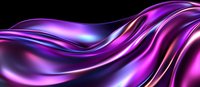 Flowing abstract waves in vibrant purple and pink hues create dynamic motion against dark background, featuring glossy metallic texture and smooth curves.