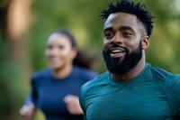 Happy African American man smiling during outdoor fitness run with female partner in background. Active lifestyle and wellness concept for health campaigns.