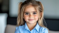 Young girl with blonde pigtails wearing light blue collared shirt smiles warmly at camera, natural indoor lighting creates soft portrait against blurred background.