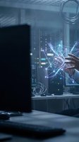 Scientist or researcher with dark skin tone examining glowing digital network visualization in modern laboratory setting with server equipment and glass beaker.