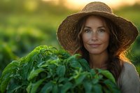 Young woman in straw hat holding fresh basil harvest at sunset, golden light illuminating her face and the lush green herbs for farm-to-table concept.