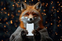 Red fox in knitted sweater holding smartphone against dark background with golden bokeh lights, magical forest atmosphere for social media and marketing.