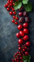 Fresh red currants, cherries and dried cranberries arranged diagonally with green leaves on dark textured background, top view composition for food styling.
