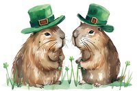 Two brown groundhogs wearing green leprechaun hats sit in grass with clovers, watercolor style illustration on white background, St Patrick's Day seasonal art.
