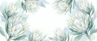 Watercolor protea flower frame with soft green leaves creating elegant border on white background for wedding invitations and botanical designs.
