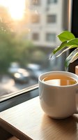White ceramic cup of hot tea on wooden windowsill with green plant leaf and soft sunset light through window, creating cozy morning atmosphere.