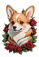 Smiling Pembroke Welsh Corgi portrait surrounded by blooming red roses and green leaves on white isolated background, suitable for merchandise design.
