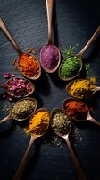 Colorful spices and herbs in wooden spoons arranged in circle on dark slate background for culinary cooking and seasoning recipes.