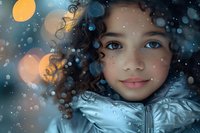 Mixed race young girl with curly hair and bright blue eyes smiling through rain-covered window with bokeh lights creating magical atmosphere. Winter portrait with dreamy mood.