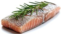 Raw salmon fillet with fresh rosemary sprig on white background, showing texture and natural pink color. Ready for cooking preparation.